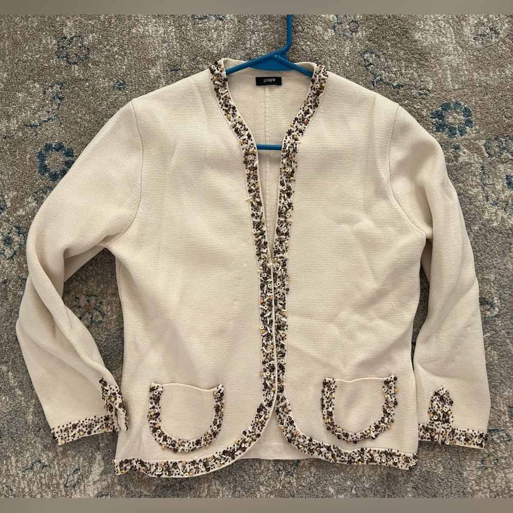 Extremely rare Vintage J.crew Beaded 100% cotton cardigan. Ivory. sz medium.